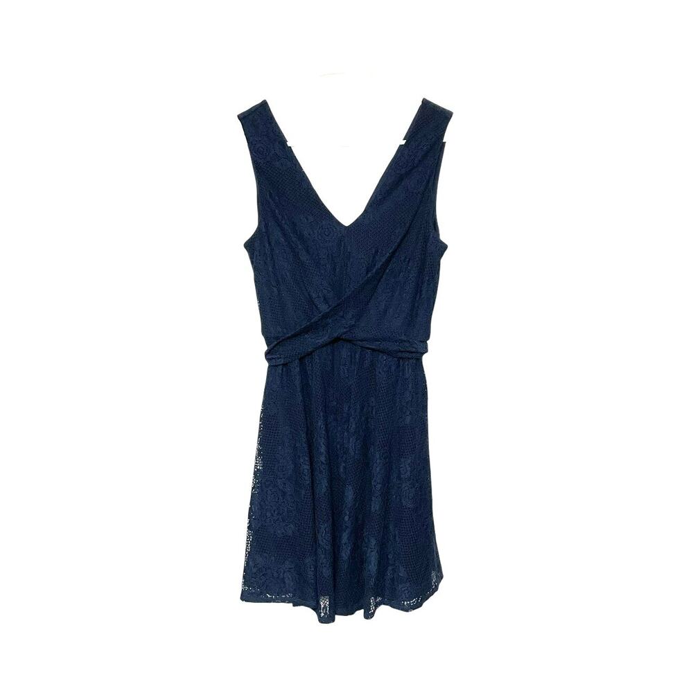 Dark Blue Lace Tie Waist Mini Babydoll Dress Size 8 Medium Sleeveless Luxology